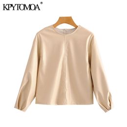 Women Fashion PU Faux Leather Loose Blouses Long Pleated Sleeve Back Zipper Female Shirts Blusas Chic Tops 210420