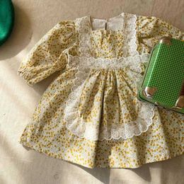 2021 Spring New Baby Girls Floral Print Dresses Long Sleeve Cotton Lace Kids Dress Clothes For Girls Children Princess Dress Q0716