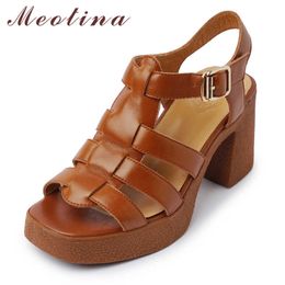 Meotina Gladiator Shoes Women Genuine Leather Sandals Buckle Super High Heel Sandals Thick Heel Square Toe Lady Footwear Summer 210608