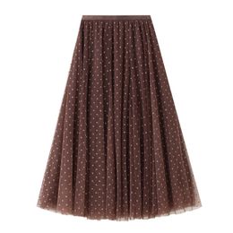 sweet Tulle Skirts Womens Midi Pleated dots Skirt Women Spring Fashion Elastic High Waist Mesh Tutu 210524