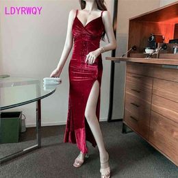 sexy night club low breast deep V collar strap velvet bronzing dress open fork Office Lady Polyester 210416