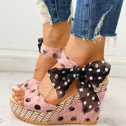 Women Dot Bowknot Design Platform Wedge Casual High Increas Shoes Fashion Ankle Strap Open Toe Sandals