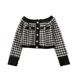 PERHAPS U Women Black White Plaid Houndtooth Button Cropped Slash Neck Knitted Long Sleeve Top Sexy Shorts Two Pieces Set B0408 210529