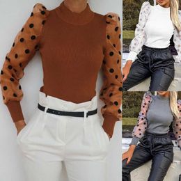Sexy Women's Mesh Sheer Sleeved Jumpsuit Long Sleeve Tops Polka Dot Sleeve Print Turtleneck Slim Jumpsuit Fashion Ladies Leotard Y0927
