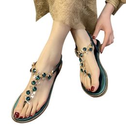 Sandals Lace Up Sexy Luxury Women Thong T-Type Open Toe Rhinestone Flat Bottom Roman Shoes Sandalia Feminina#11035