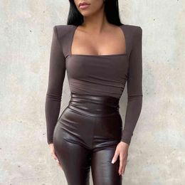 Brown Runched Bodycon Female Bodysuit Women Long Sleeve Square Collar Sheath Open Crotch Black Overalls Women Body Sexy Y2k Top 210415