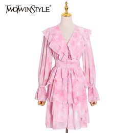Elegant Patchwork Ruffle Women's Dress V Neck Long Sleeve High Waist Sashes Pink Print Dresses Female 210520