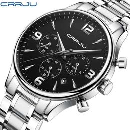 CRRJU Men's Sports Chronograph Watches Elegant Quartz Calendar Clock Male Army Military Waterproof Wrist Watch with Black Dial 210517