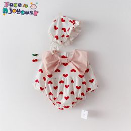 Newborn Baby Girls Bodysuit Bow Tie Heart Printing Long Sleeve Clothes Toddler Baby Girls Jumpsuit Costumes Onesie + Hats 210413