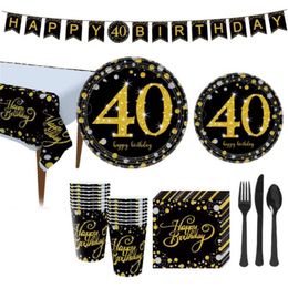 Disposable Dinnerware 21/30/40/50/60 Happy Birthday Party Tableware Set Adult Decorations Wedding Anniversary Supplies