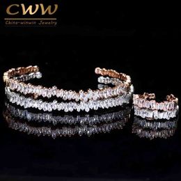 Cwwzircons Fashion Rose Gold Colour Baguette Cubic Zirconia Cuff Bracelet Bangle and Ring Sets Best Friend Jewellery Gift T170