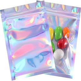 100pcs/lot Aluminium Foil Bags Holographic Colour Resealable Smell Proof Bag Pouch Packaging for Food Coffee Tea Storage