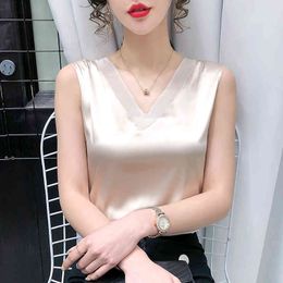 Silk Womans Tops Satin Mesh for Women Sexy V-neck White Basic Top Femal Plus Size Vest Sleeveless OL Shirts 210427