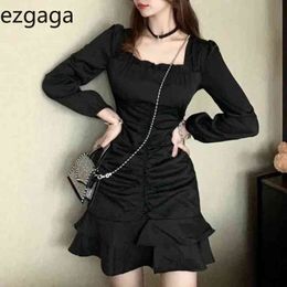 Ezgaga Sexy Bodycon Dress Women Square Collar Ruched Long Sleeve Spring Solid High Waist Elegant Dress Sexy Vestidos 210430