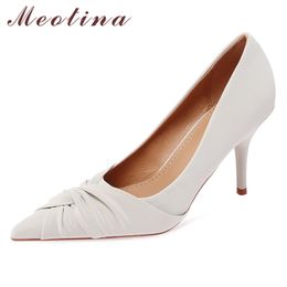Meotina High Heel Shoes Women Pointed Toe Stiletto Heels Fashion Shoes Pleated Slip On Footwear Female Dress Shoes Spring 33-40 210520