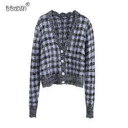 BBWM Women Fashion Plaid Cropped Knitted Cardigan Vintage Long Sleeve Button-up Sweater Chic Outerwear 210520