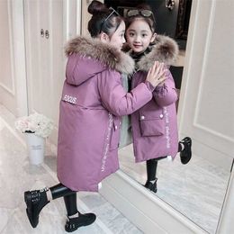 Winter Warm Jackets for Girls Fashion Fur Hooded Children Waterproof Outwear Kids Cotton Lined Parkas 211203