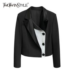 Casual Fake Two Blazer For Women Notched Long Sleeve Hit Colour Short Blazers Female Fashion Clothing Spring 210524