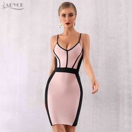 Summer Women Bodycon Bandage Dress Vestidos Elegant Pink Spaghetti Strap V Neck Club Celebrity Party 210423