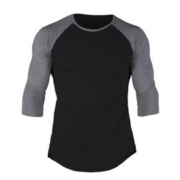 Muscleguys T-Shirt Men Spring Autumn Seven quarter Sleeve O-Neck T Shirt Mens Clothing Fashion Patchwork Cotton Tee Tops 210421