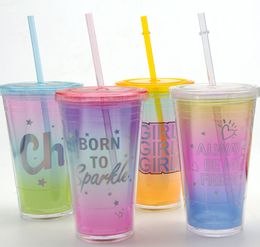 15.2OZ milk coffee straw mug, English gradient ice sequins, Colourful cups, various styles, support custom logo