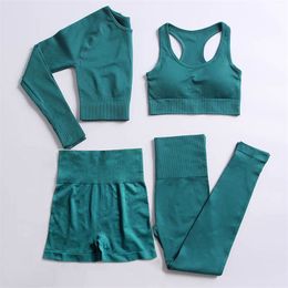 2/3/4PCS Women's Tracksuit Yoga Set Workout Fitness Suits Shorts Gym Sports Bra High Waist Seamless Leggings Crop Top Outfit 210802