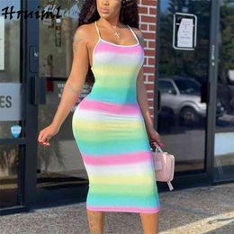 Sleeveless Midi Dress Colorblock Print High Waist Summer Fashion Sling Back Bandage es Knitted Party Club Plus Size 210513
