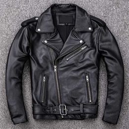 Spring Classical Motorcycle oblique zipper Jackets Men Leather Natural Calf Skin Thick Slim Cowhide Moto man 211008