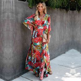 Bohemian Printed Kaftan Women Beachwear Tunic Beach Cover up Saida de Praia Swimsuit Bikini Cover-ups Pareo Sarong #Q944 210420