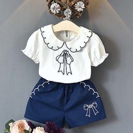 Girls Clothing Set Summer Bow Short-sleeved T-shirt + Blue Shorts 2PCS Kids Suit Bodysuit Baby Girl Clothes 210515