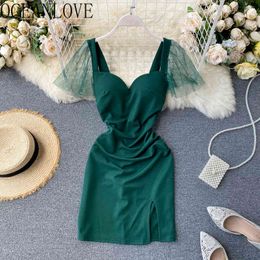 Sequined Sexy Party Dresses Solid Mesh High Waist Spring Summer Vintage Vestidos Korean Robes Femme 210415
