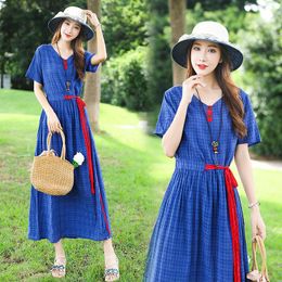 Casual Dresses 2021 Ethnic Style Retro Cotton And Linen Waist Slim Woman Dress