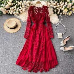 SINGREINY Design French Hollow Lace Dress Women Elegant Solid Long Sleeve A-line Dress Autumn Fashion Streetwear Midi Dresses 210419