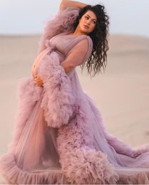 Baby Pink Puffy Long Sleeves Prom Dresses Ruffles Robe Tulle Tiered Evening Dress Cutsom Made Plus Size Party Robes Photo Shoot Vestidos