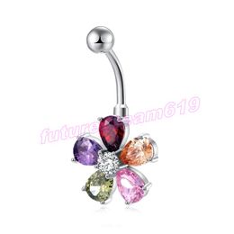 Fashion Summer Beach Bikini Belly Button Rings Stainless Steel Colourful CZ Flower Navel Ring for Girls Women Body Piercing Jewellery