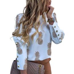 Letter Printed Long Sleeve Blouse Women O-neck Metal Button Casual Shirt Summer Plus Size Ladies Elegant Tops And Blouses 210608
