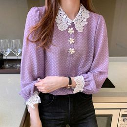 Korean Women Blouse Chiffon s Long Sleeve Lace Embroidery Shirts Woman Peter Pan Collar Dot Plus Size 210604