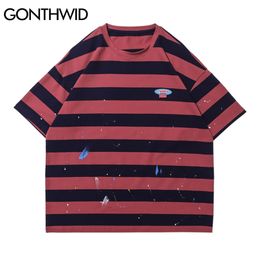 Tshirts Streetwear Hip Hop Graffiti Ink Stripe T-Shirts Harajuku Casual Short Sleeve Tees Men Fashion Cotton Loose Tops 210602