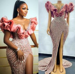 2021 Plus Size Arabic Aso Ebi Luxurious Mermaid Sequined Prom Dresses Beaded Crystals Sheer Neck Evening Formal Party Second Reception Gowns ZJ445