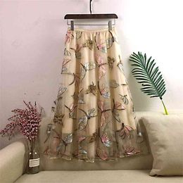 New Autumn Women Mesh Skirt Dragonfly Sequin Embroidery Long Skirt Ladies Casual Voile Appliques Skirt Mid-calf Swing Skirts 210412