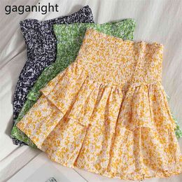 Retro Floral Print Women Mini Short Skirt Streetwear Ruffled A-line Pleated Skirts Female Summer Beach 210601
