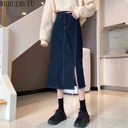 WERUERUYU Women Ladies Long Denim Jean Skirts High Waist Umbrella Wrapover Casual Calf-Length Slits Casual Plus Size Skirt Jean 210608