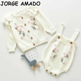 Baby Girl Outfit Flower Long Sleeve Sweater Coat +Straps Romper Cute 2 Piece Sets Winter Clothes 0-3 Years E3 210610