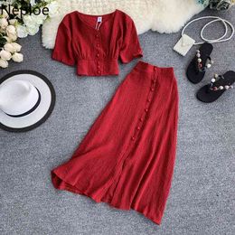 Neploe Fashion Red Suit Single Breasted Shirt Tops High Waist Slim Maxi Skirts Femme Roupas Korean 2 Piece Set Women 95497 210422