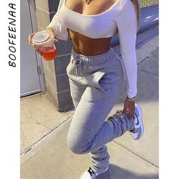 BOOFEENAA Fleece Warm Thick Stacked Sweatpants Wholesale Streetwear Woman Drawstring Flare Pants 2020 Trend Y2k Joggers C85-CG41 X0629