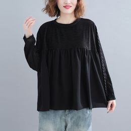 Women Loose Casual Blouses Shirts New Arrival Autumn Simple Style Corduroy Patchwork Chiffon Female Long Sleeve Tops S2731 210412