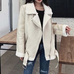 Ailegogo Women Lamb Fur Faux Leather Jacket Coat Turn Down Collar Winter Thick Warm Oversized Zipper With Belt Outerwear 210909