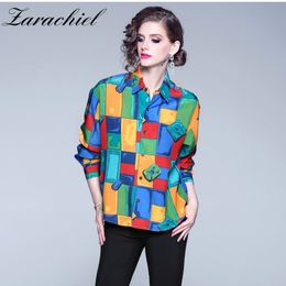 Fashion Designer Color Block Print Women Chiffon Summer Long Sleeve Button up Casual Plaid Plus Size Shirt Top 210416