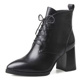 Meotina Autumn Ankle Boots Women Natural Genuine Leather Chunky Heel Short Boots Lace Up Super High Heel Shoes Lady Fall Size 39 210608