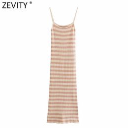 Zevity Women Elegant Striped Print Casual Slim Knitting Sling Midi Dress Female Chic Spaghetti Strap Vestidos Mujer DS8240 210603